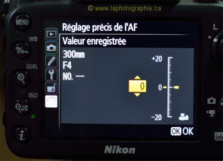 On met la valeur du r�glage pr�cis de l'autofocus dans le menu