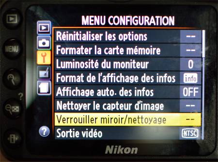 Menu de l'appareil pour v�rrouiller le miroir pour le nettoyage